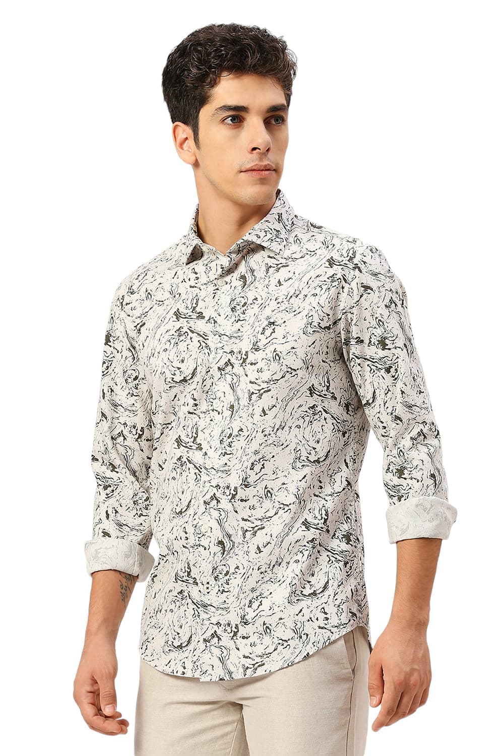 Basics Mens BEIGE SLIM PRINT SHIRT - 24BSH55118