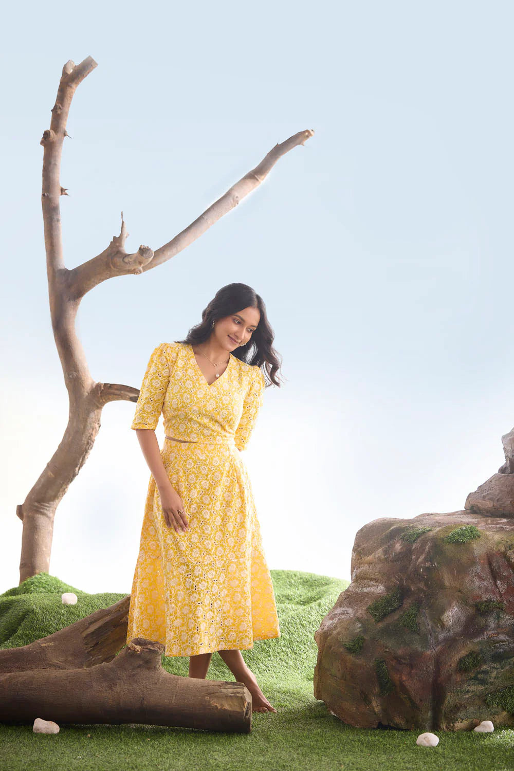 EILAA - Chrome Yellow Cutwork midi co-ord skirt set