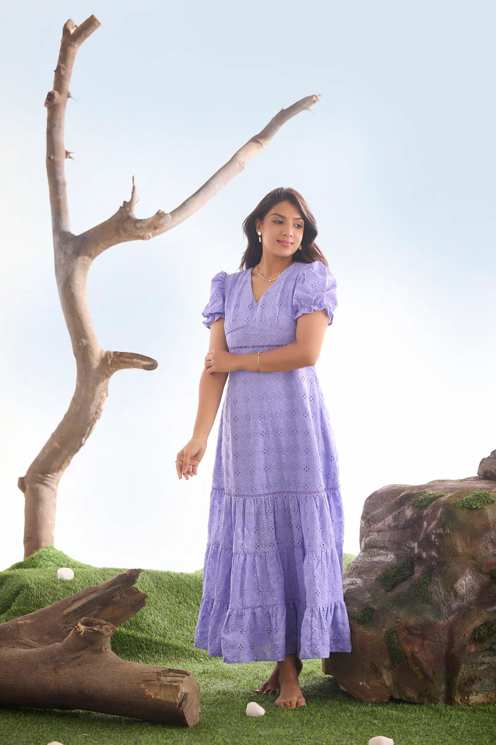 EILAA - Blaze Purple Pure Cotton Cutwork Midi Dress