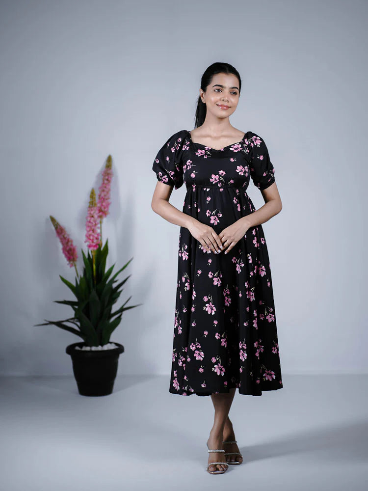 Eilaa - Black With Pink Floral puff Sleeve Maxi PSD408-MD986