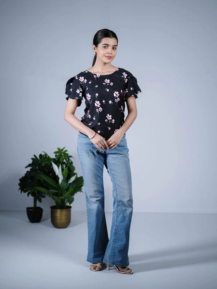 Eilaa - Black Floral Ruffled Top PST303-MT192
