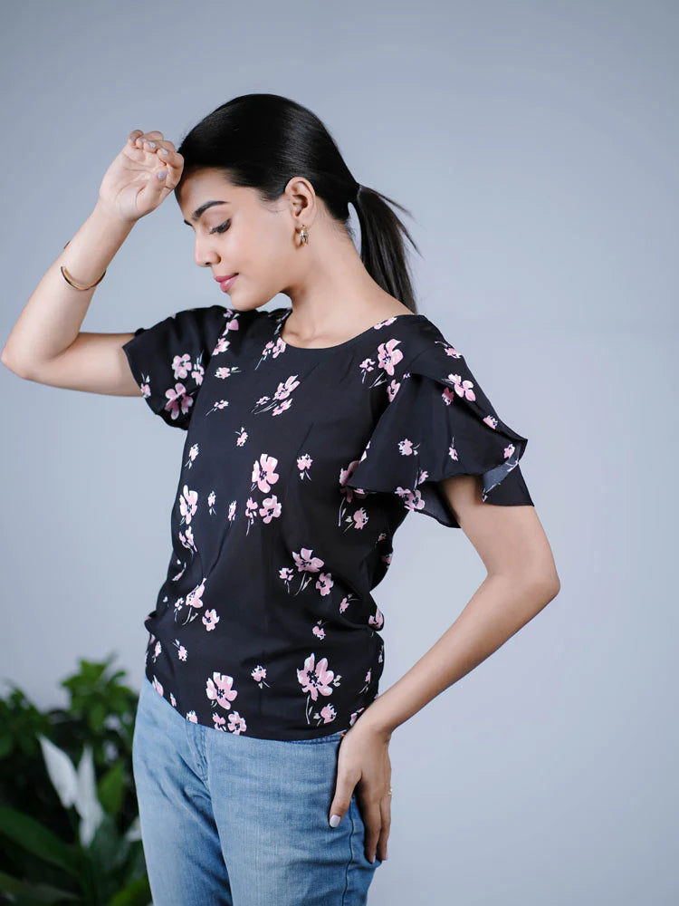 Eilaa - Black Floral Ruffled Top PST303-MT192