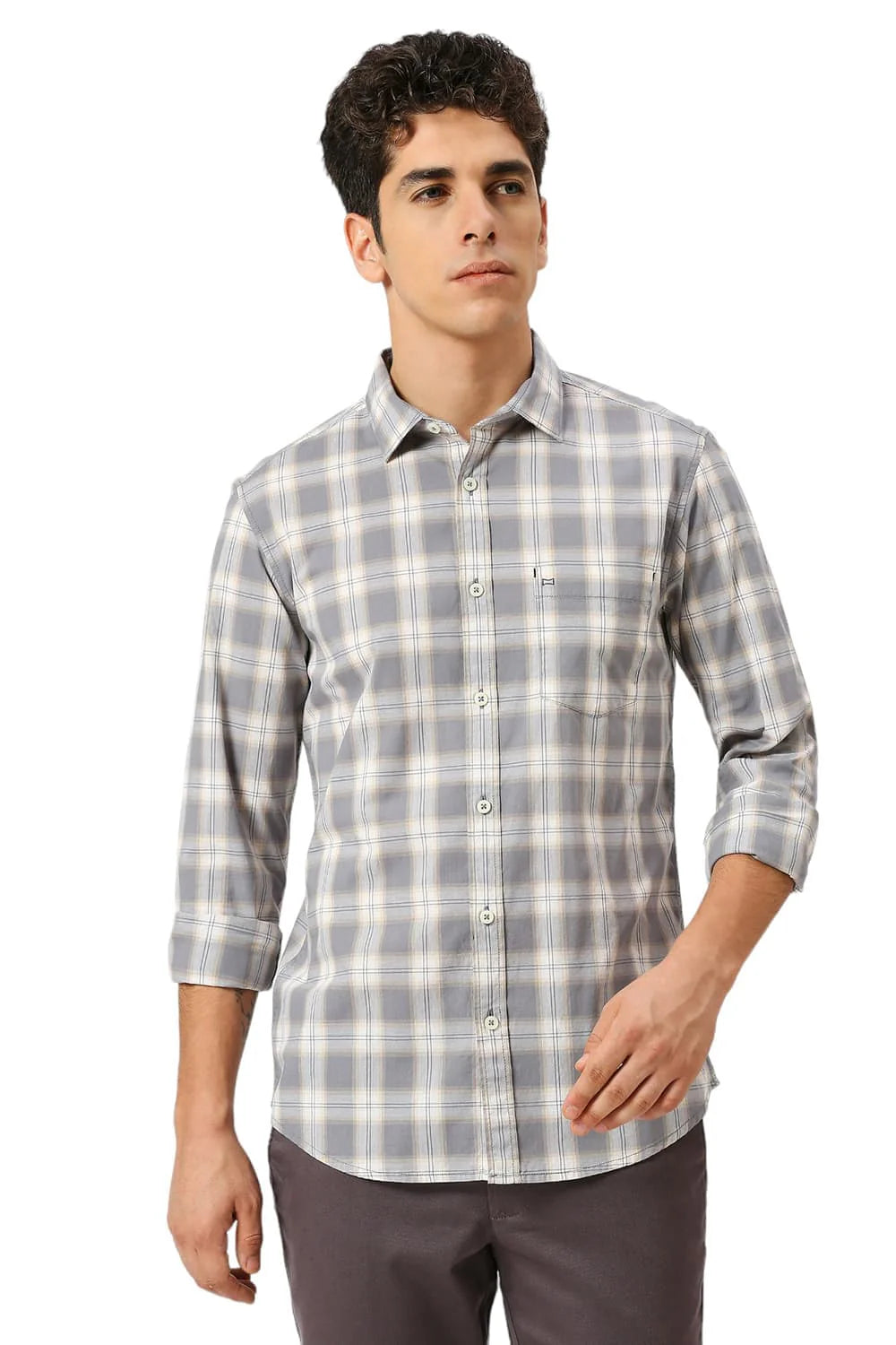 Basics Mens GREY SLIM CHECKS SHIRT - 24BSH54758