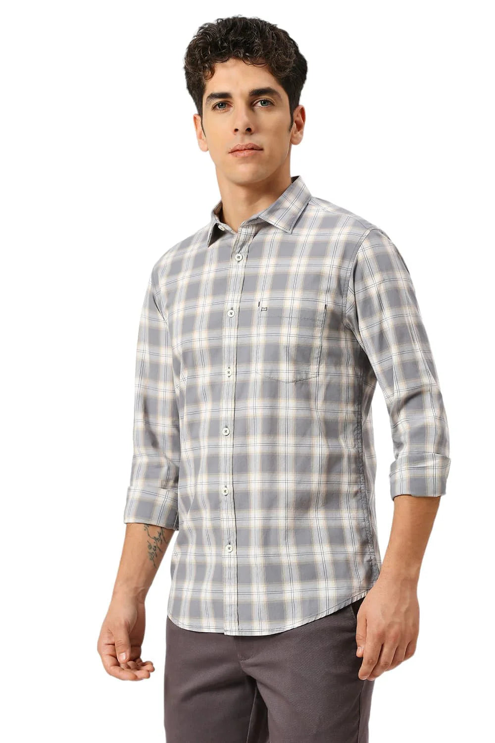 Basics Mens GREY SLIM CHECKS SHIRT - 24BSH54758