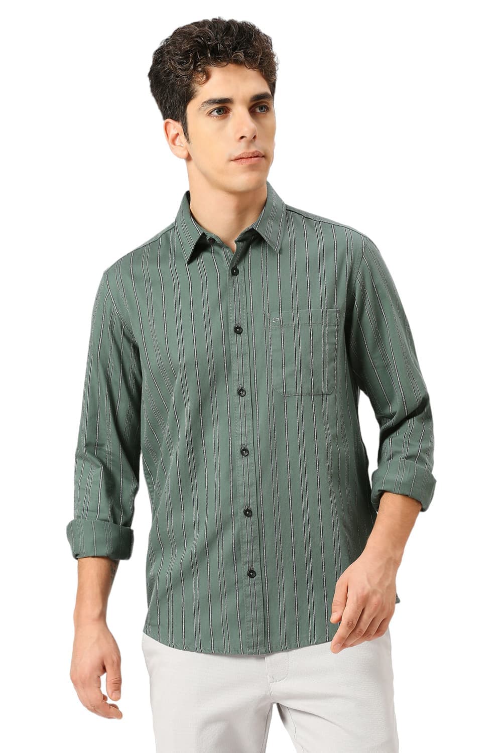 Basics Mens OLIVE SLIM STRIPES SHIRT - 24BSH54862