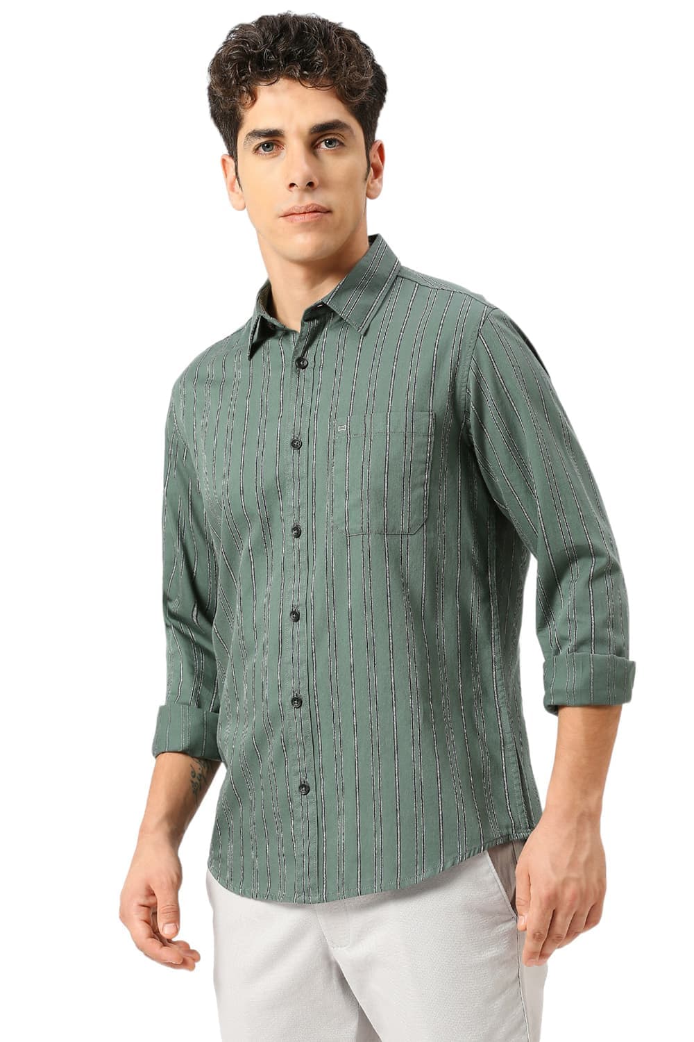 Basics Mens OLIVE SLIM STRIPES SHIRT - 24BSH54862