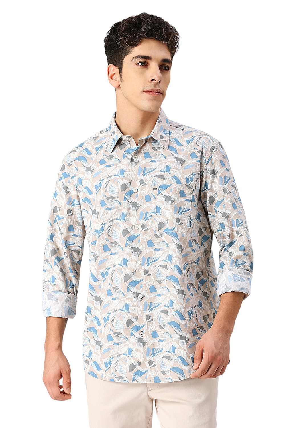 Basics Mens LT BROWN SLIM PRINT SHIRT - 24BSH54874