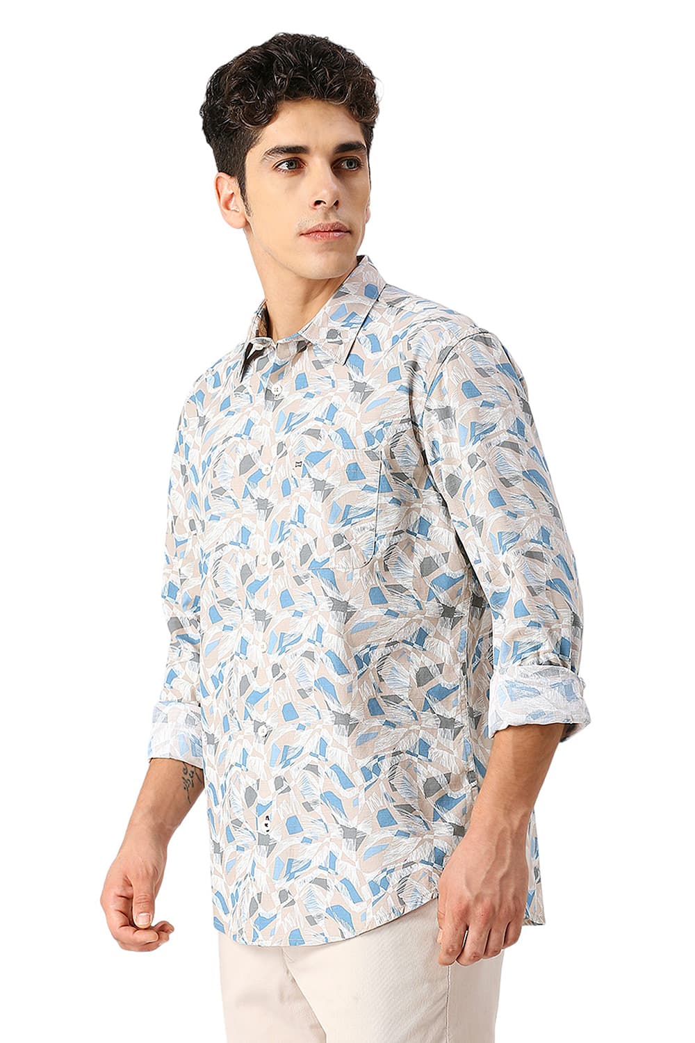 Basics Mens LT BROWN SLIM PRINT SHIRT - 24BSH54874