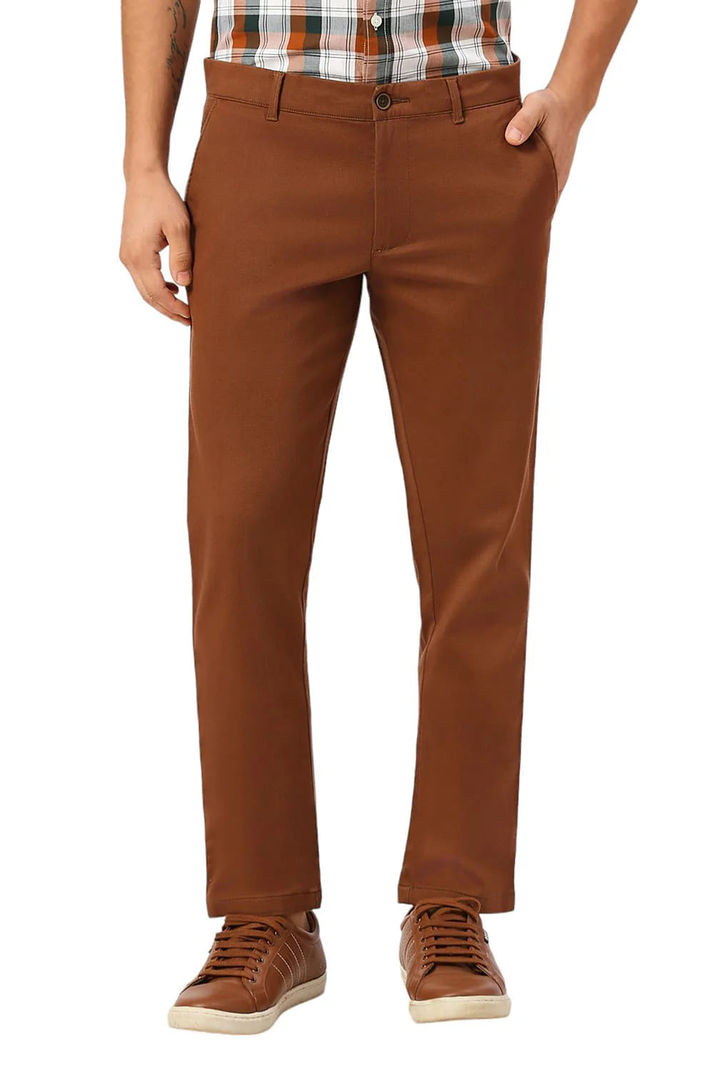 Basics Mens DK BROWN TAPERED SELF TROUSER - 24BTR55017