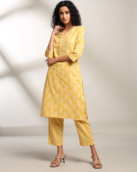 Women Block Print Straight Kurta with Pants - 443053819001