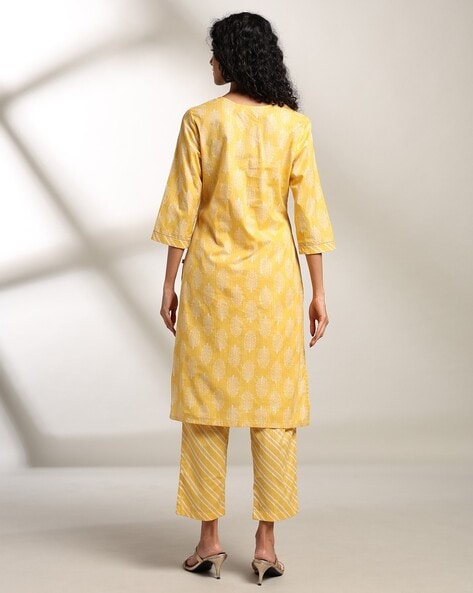 Women Block Print Straight Kurta with Pants - 443053819001