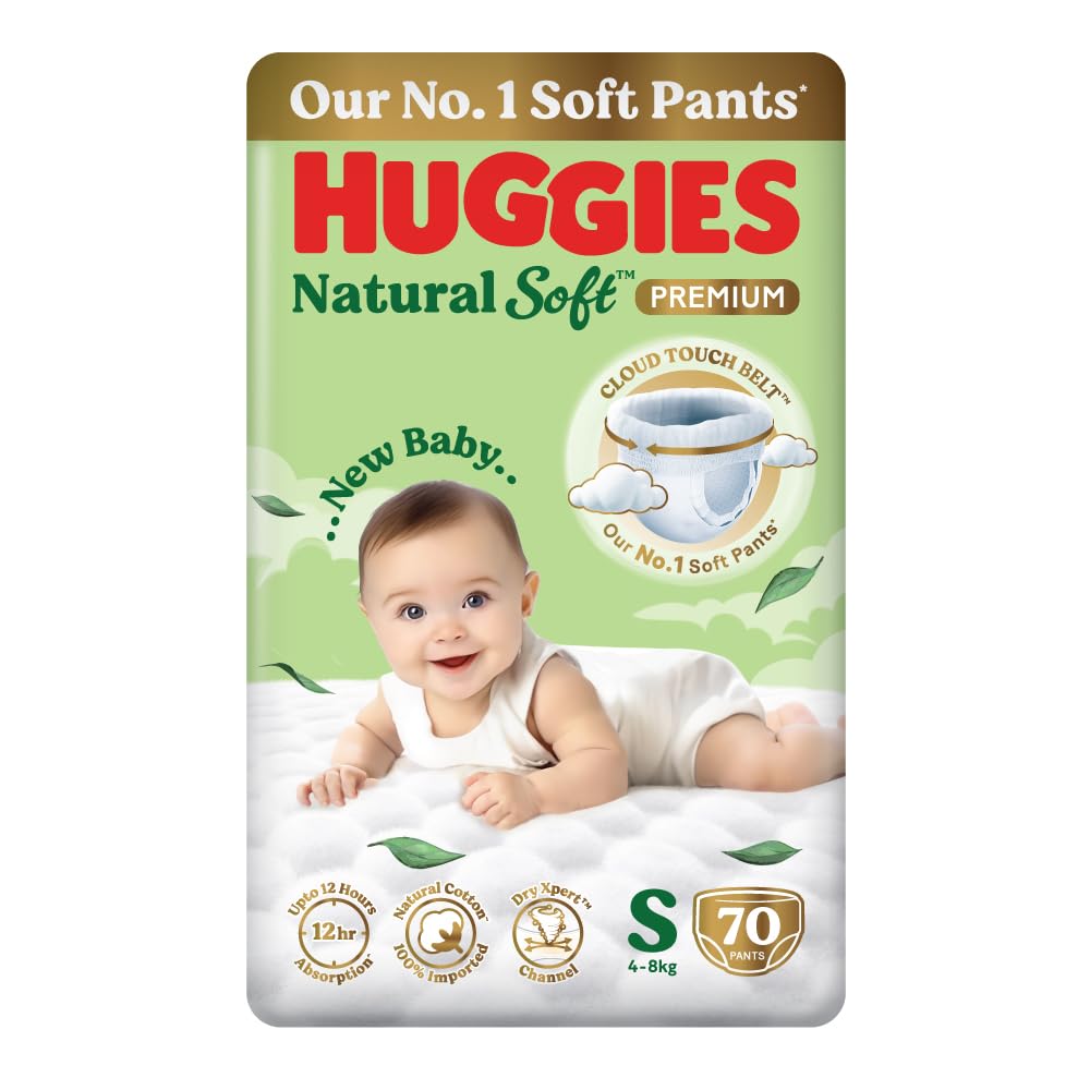 Huggies Natural Soft Premium Baby Diaper Pants, Our No.1 Soft Pants, New Born/Extra Small (XS) Size (0-5 Kgs), Pack of 76 | Cloud Softness All over with India's 1st Cloud Touch Belt