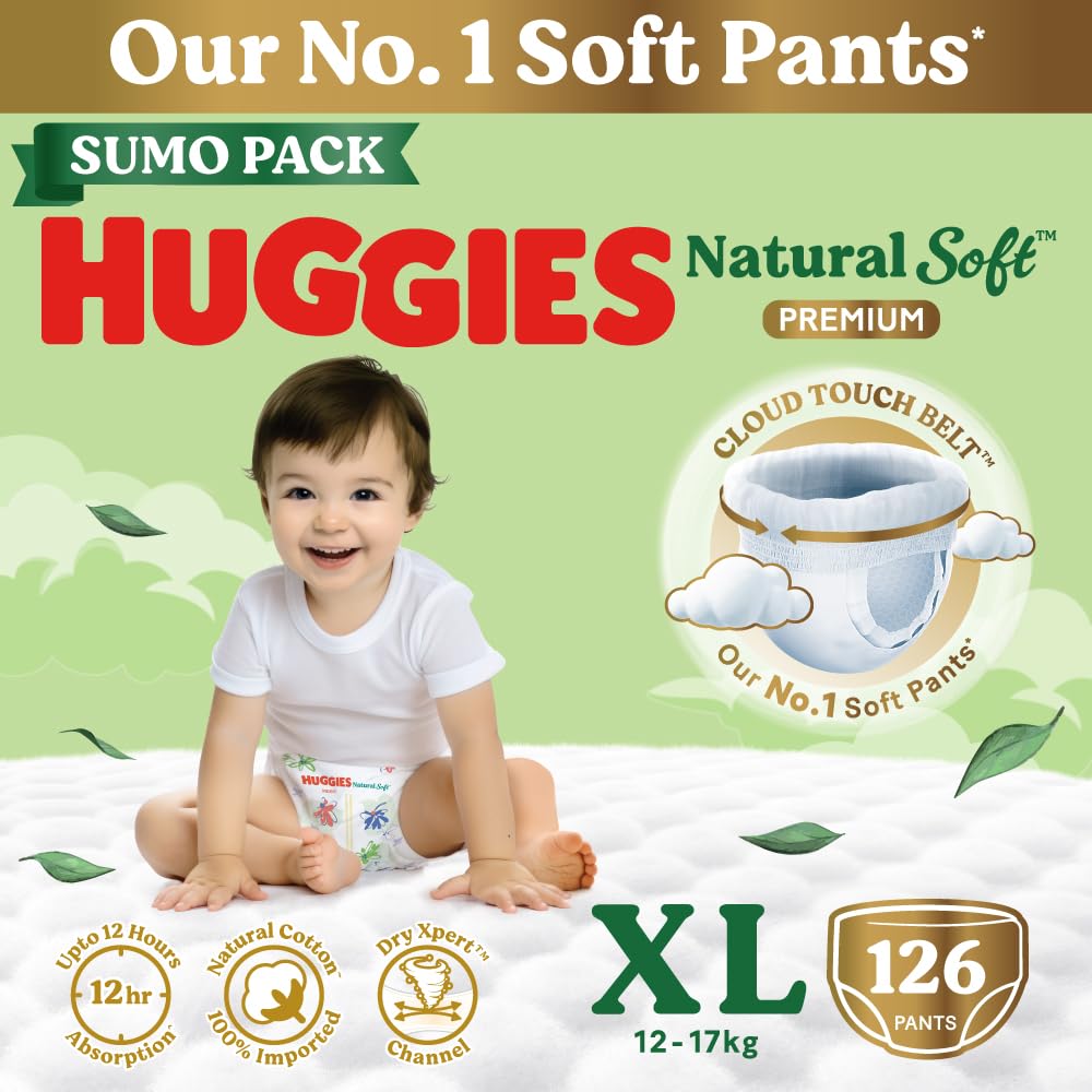 Huggies Natural Soft Premium Baby Diaper Pants, Our No.1 Soft Pants, New Born/Extra Small (XS) Size (0-5 Kgs), Pack of 76 | Cloud Softness All over with India's 1st Cloud Touch Belt