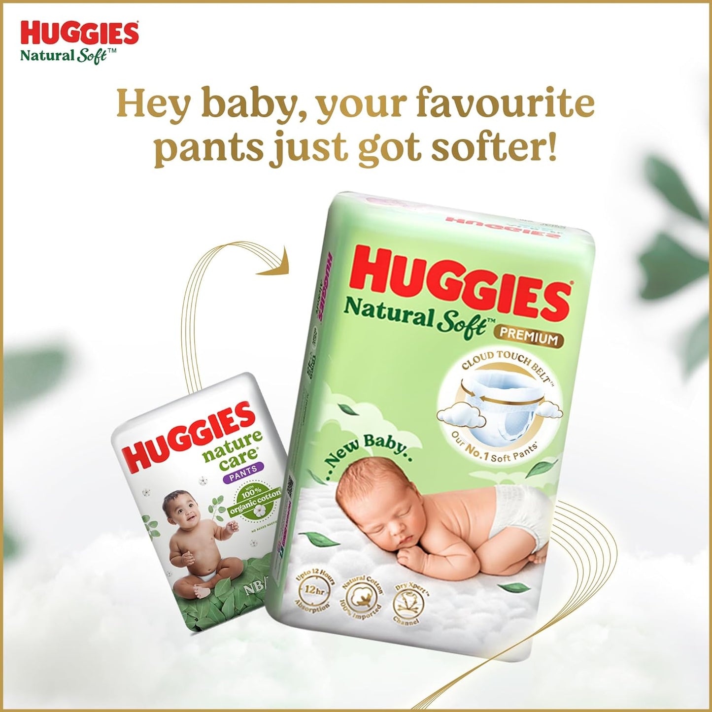 Huggies Natural Soft Premium Baby Diaper Pants, Our No.1 Soft Pants, New Born/Extra Small (XS) Size (0-5 Kgs), Pack of 76 | Cloud Softness All over with India's 1st Cloud Touch Belt