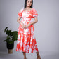 Eilaa - Coral Red Floral Printed puff sleeve maxi dress PSD401-MD1038