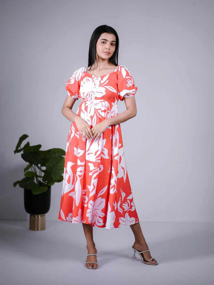 Eilaa - Coral Red Floral Printed puff sleeve maxi dress PSD401-MD1038