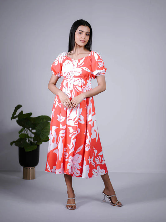 Eilaa - Coral Red Floral Printed puff sleeve maxi dress PSD401-MD1038