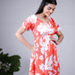 Eilaa - Coral Red Floral Printed puff sleeve maxi dress PSD401-MD1038