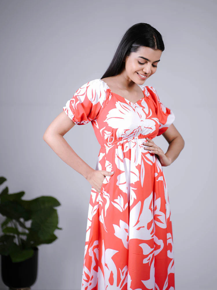 Eilaa - Coral Red Floral Printed puff sleeve maxi dress PSD401-MD1038
