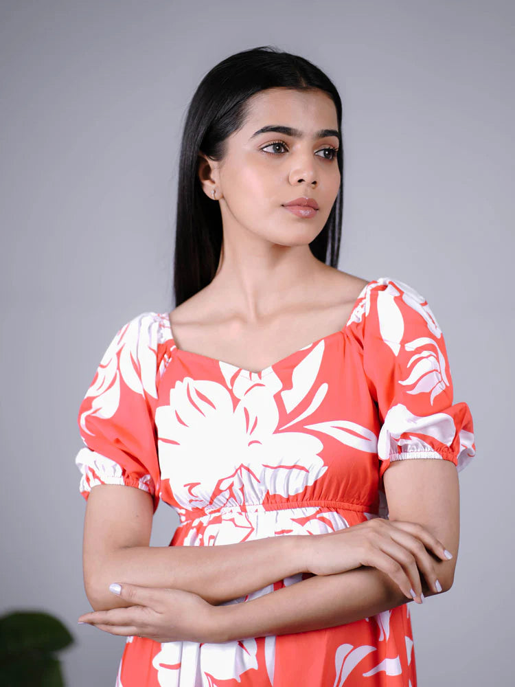 Eilaa - Coral Red Floral Printed puff sleeve maxi dress PSD401-MD1038
