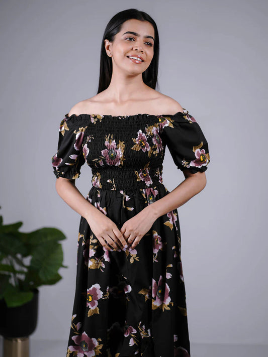 Eilaa - Black Floral Smocked High-Low Maxi Dress PSD403-MD453