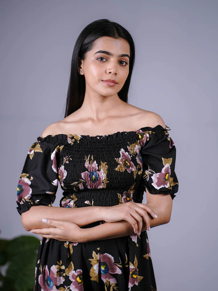 Eilaa - Black Floral Smocked High-Low Maxi Dress PSD403-MD453