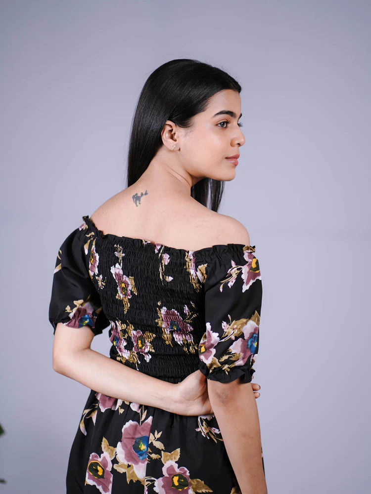 Eilaa - Black Floral Smocked High-Low Maxi Dress PSD403-MD453