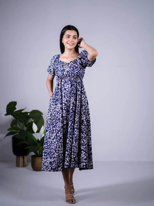 Eilaa - Navy Blue Floral puff sleeve Maxi Dress PSD404-MD990