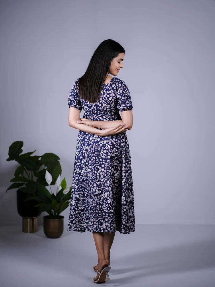 Eilaa - Navy Blue Floral puff sleeve Maxi Dress PSD404-MD990
