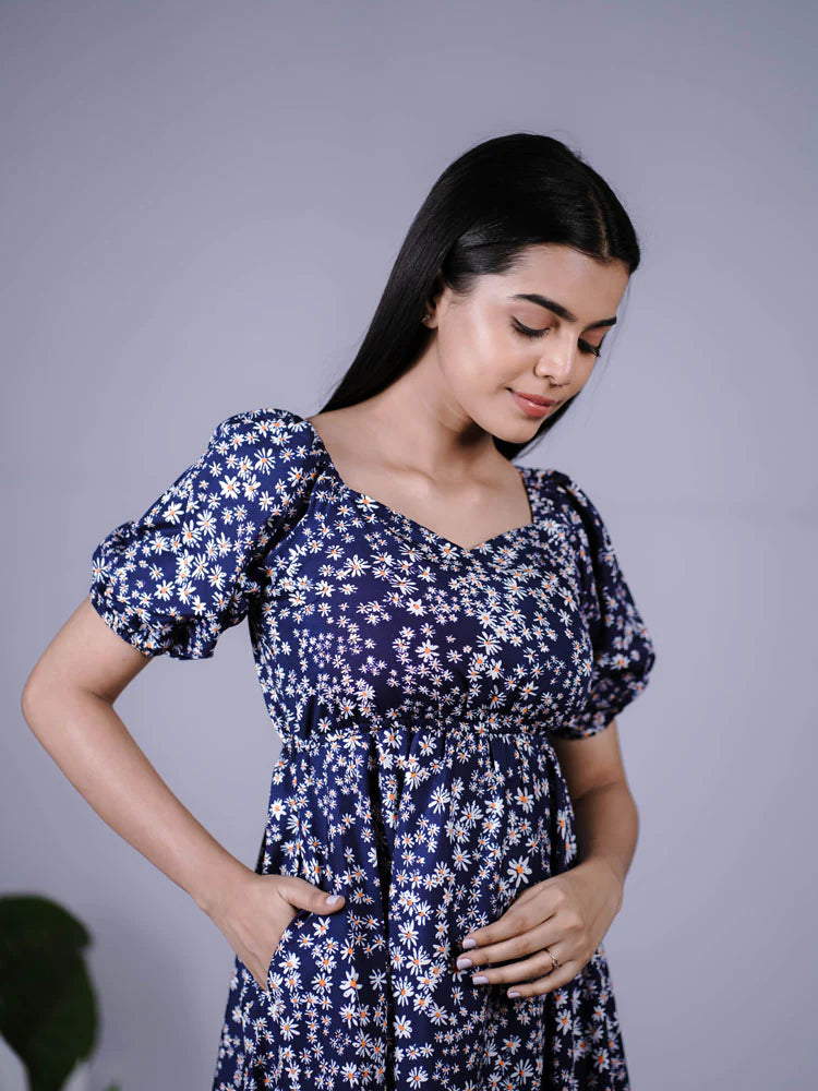 Eilaa - Navy Blue Floral puff sleeve Maxi Dress PSD404-MD990
