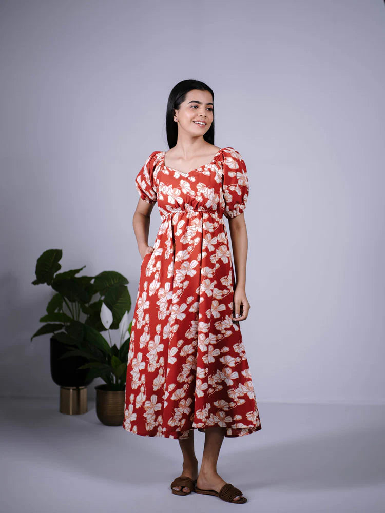 Eilaa - Rust Red with Beige Maxi Dress PSD405-MD1037