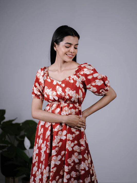 Eilaa - Rust Red with Beige Maxi Dress PSD405-MD1037