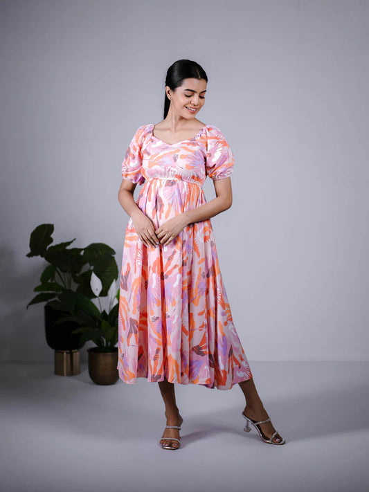 Eilaa - Peach Pink Abstract Puff sleeve Maxi Dress PSD408-MD1044