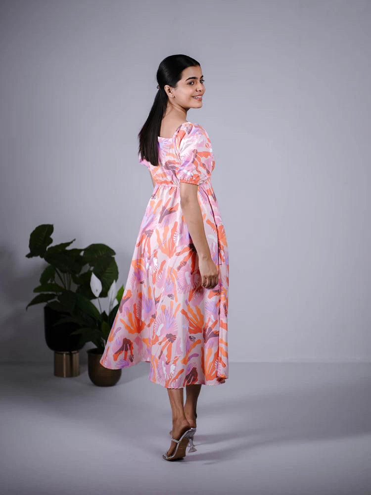 Eilaa - Peach Pink Abstract Puff sleeve Maxi Dress PSD408-MD1044