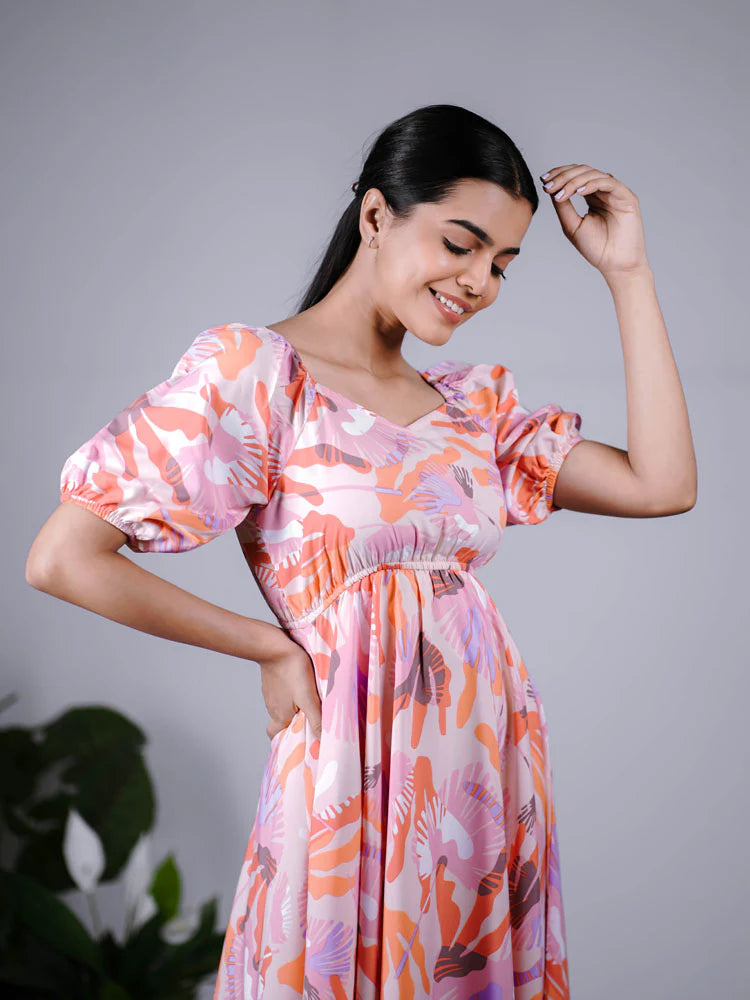 Eilaa - Peach Pink Abstract Puff sleeve Maxi Dress PSD408-MD1044
