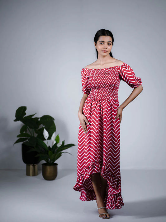 Eilaa - Red and White Off Shoulder Maxi Dress PSD407-MD328