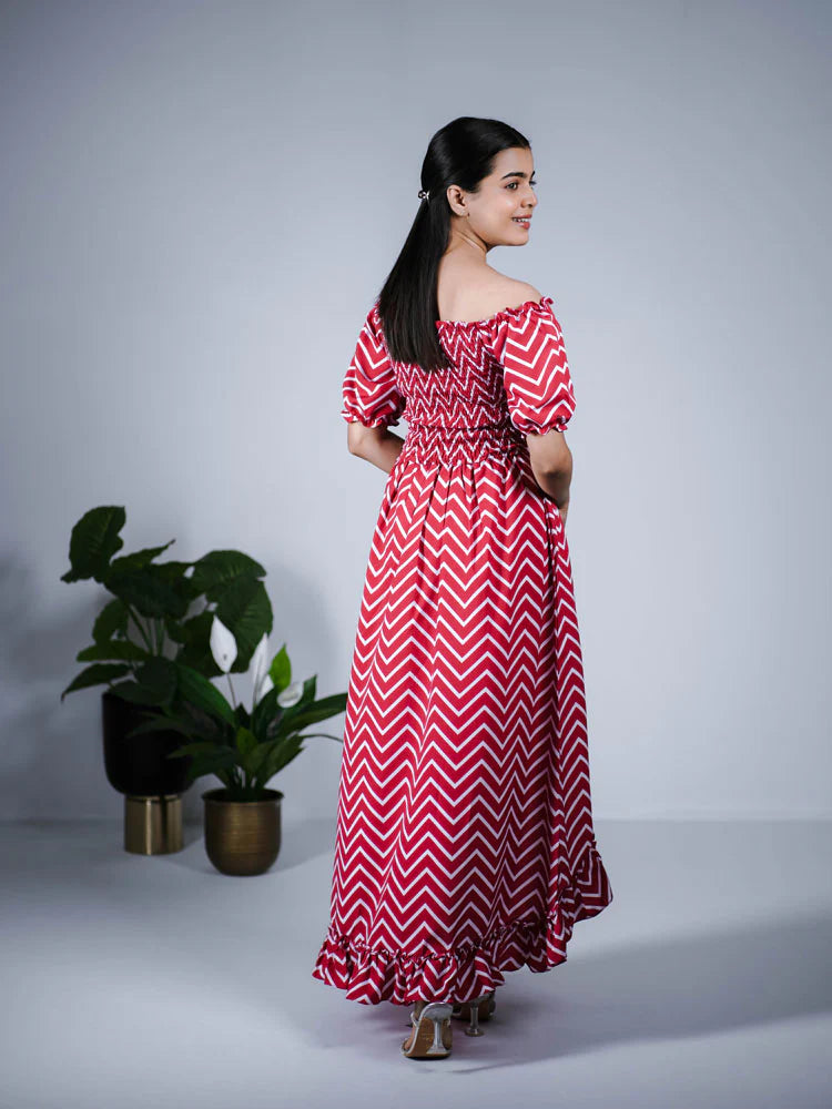 Eilaa - Red and White Off Shoulder Maxi Dress PSD407-MD328