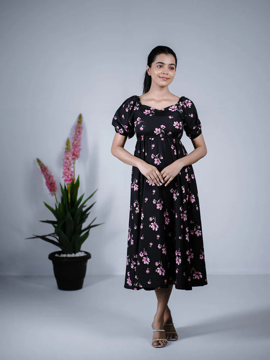 Eilaa - Black With Pink Floral puff Sleeve Maxi PSD408-MD986