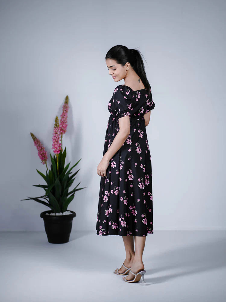 Eilaa - Black With Pink Floral puff Sleeve Maxi PSD408-MD986
