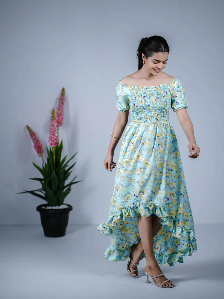 Eilaa - Light Blue High-Low Smocked Dress PSD409-MD504