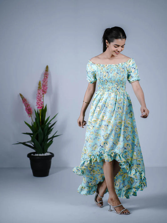 Eilaa - Light Blue High-Low Smocked Dress PSD409-MD504