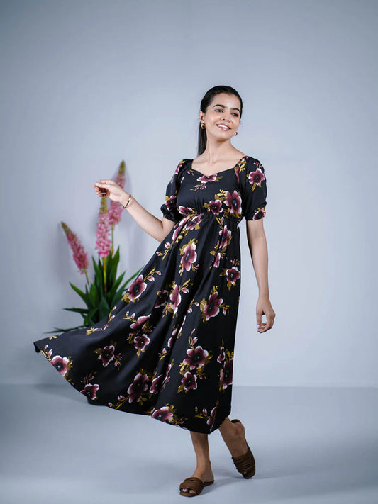 Eilaa - Black with Dark Purple Bloomy Charm Empire dress PSD410-MD988