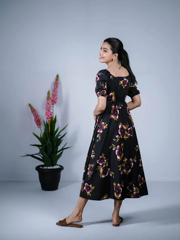 Eilaa - Black with Dark Purple Bloomy Charm Empire dress PSD410-MD988