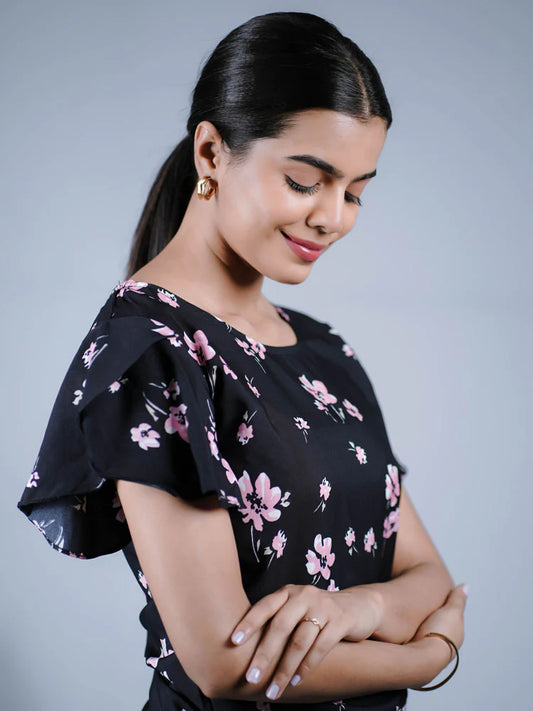 Eilaa - Black Floral Ruffled Top PST303-MT192