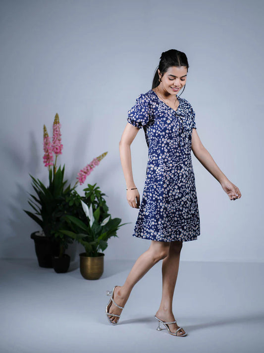 Eilaa - Navy Blue Floral Fit & Flare Dress PSD204S-MD601