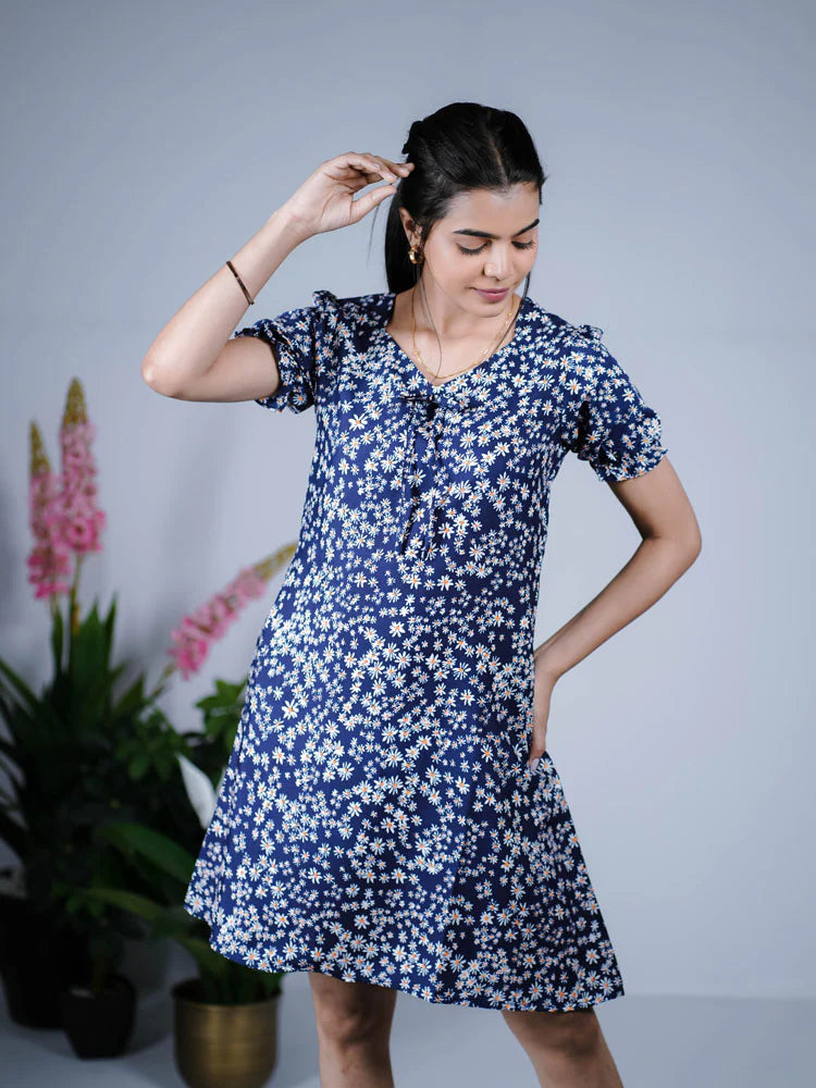 Eilaa - Navy Blue Floral Fit & Flare Dress PSD204S-MD601