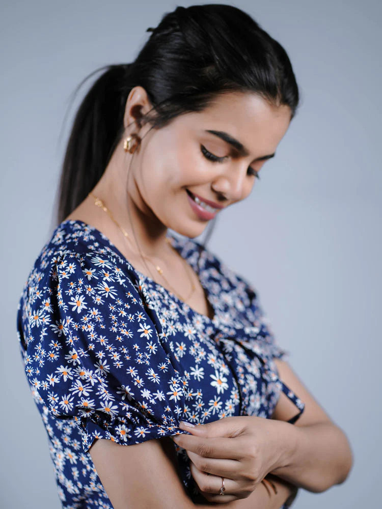 Eilaa - Navy Blue Floral Fit & Flare Dress PSD204S-MD601